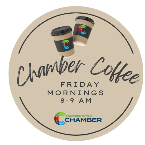 A blue circle with a cup of coffee and the words chamber coffee friday mornings 8-9 am