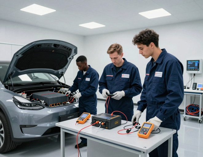 Tres mecánicos prueban un coche eléctrico en un luminoso laboratorio de automoción, con herramientas de diagnóstico sobre una mesa.