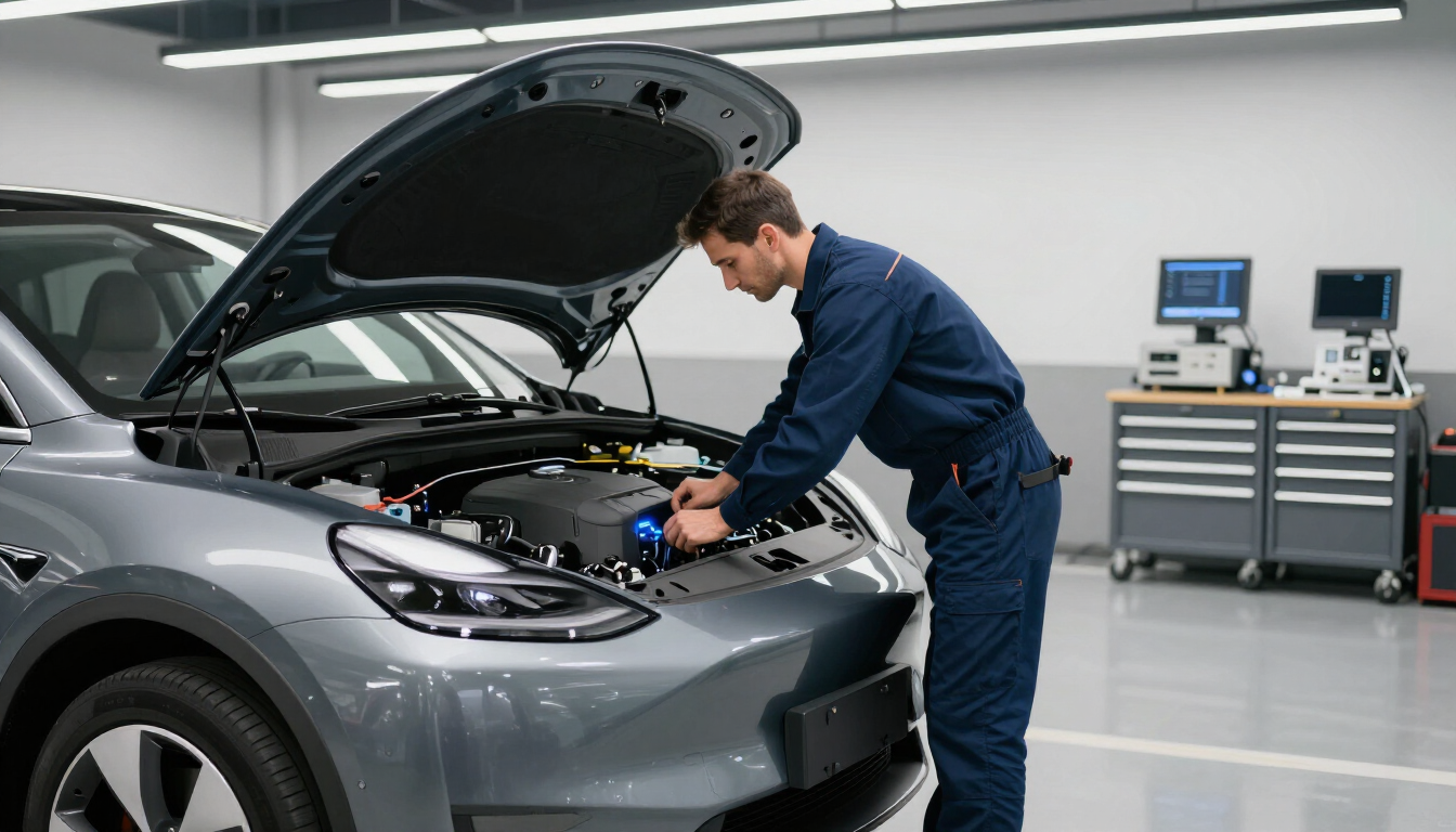 Mecánico inspeccionando el motor de un coche plateado en un garaje, con el capó abierto y herramientas y una estación de trabajo informática cerca.
