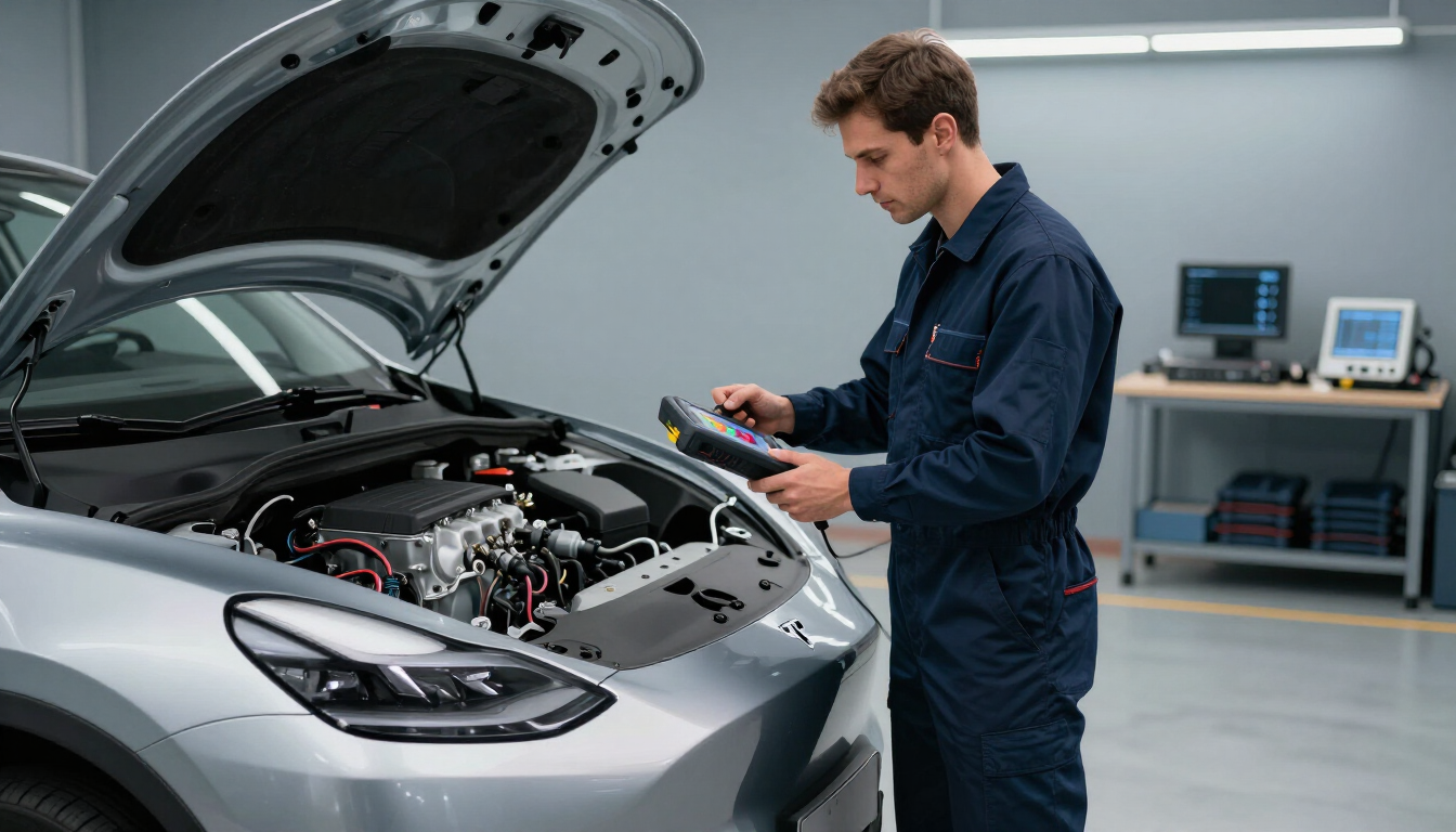Mecánico inspeccionando el compartimento del motor abierto de un coche plateado en un taller mecánico.