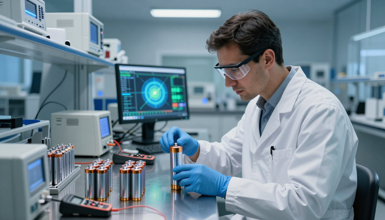 Un científico con bata blanca y guantes azules trabaja con tubos de ensayo en un laboratorio moderno.