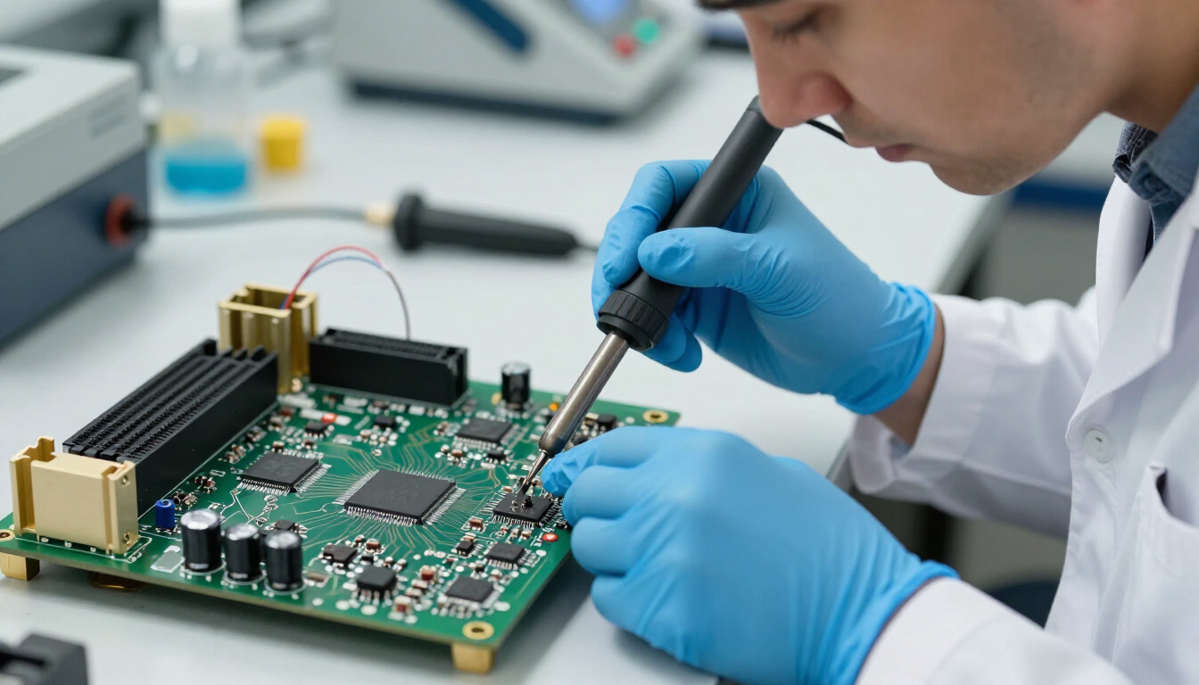 Técnico con guantes azules inspeccionando una placa de circuito verde con una herramienta en un banco de trabajo.