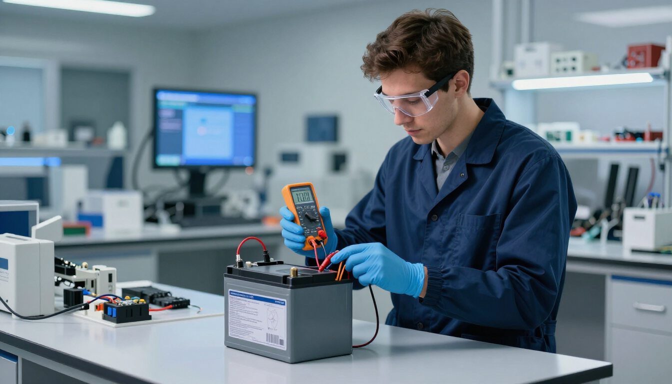 Técnico probando una batería con un multímetro en un espacio de trabajo de laboratorio.