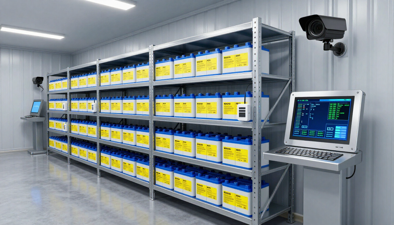 Almacén industrial con estanterías metálicas llenas de contenedores amarillos y una pantalla de ordenador de control a la derecha.