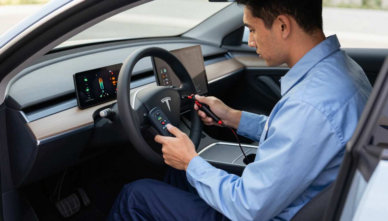 Un hombre conduce un Tesla con una mano en el volante y la otra usando la pantalla táctil central.