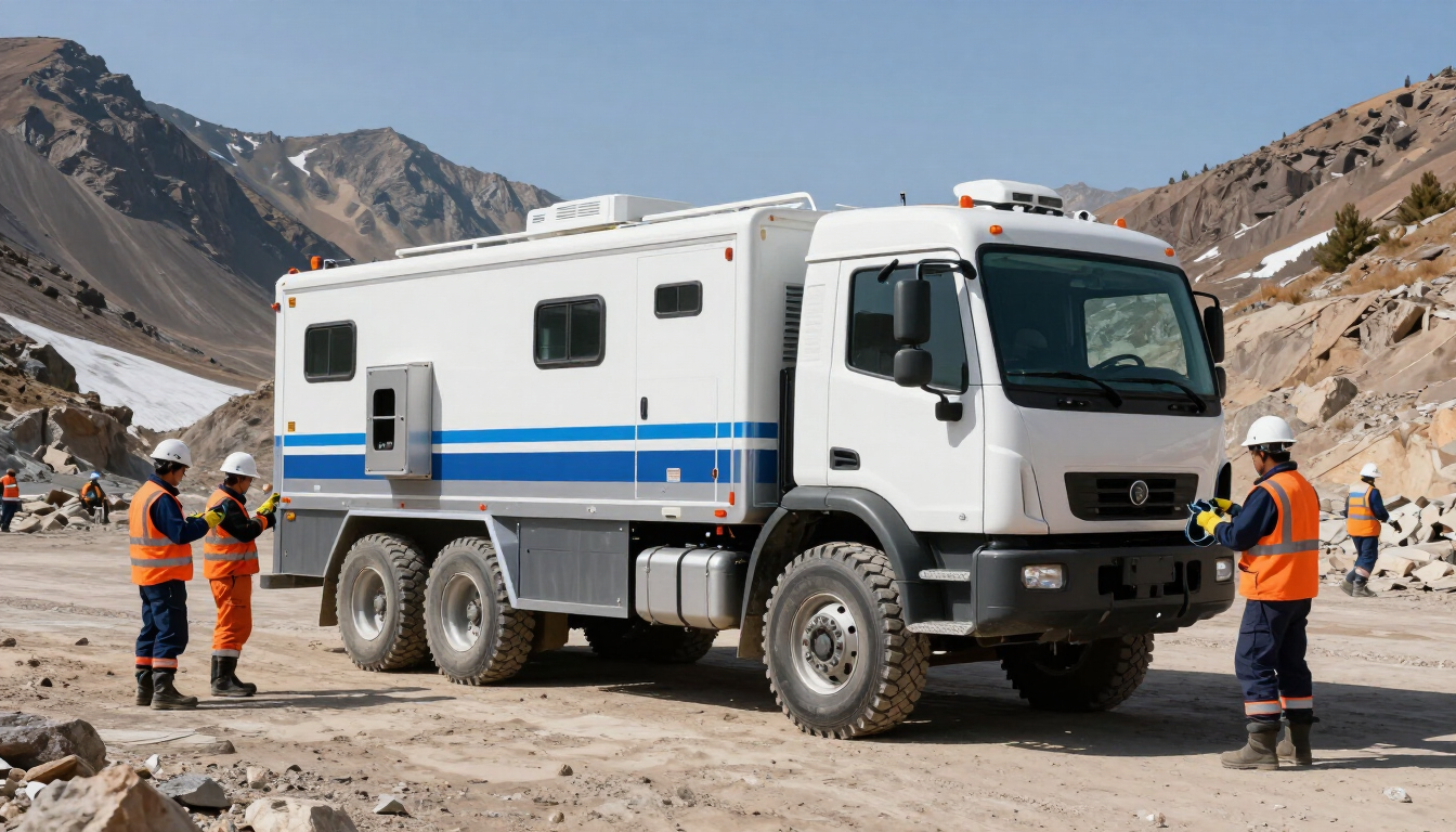 Camioneta blanca con franjas azules en una carretera de montaña rocosa, trabajadores con chalecos de seguridad naranjas cerca