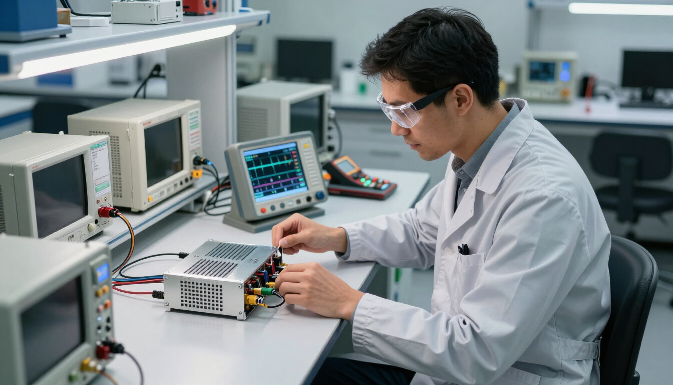 Técnico con bata blanca ajustando equipos de prueba electrónicos en un espacio de trabajo de laboratorio.