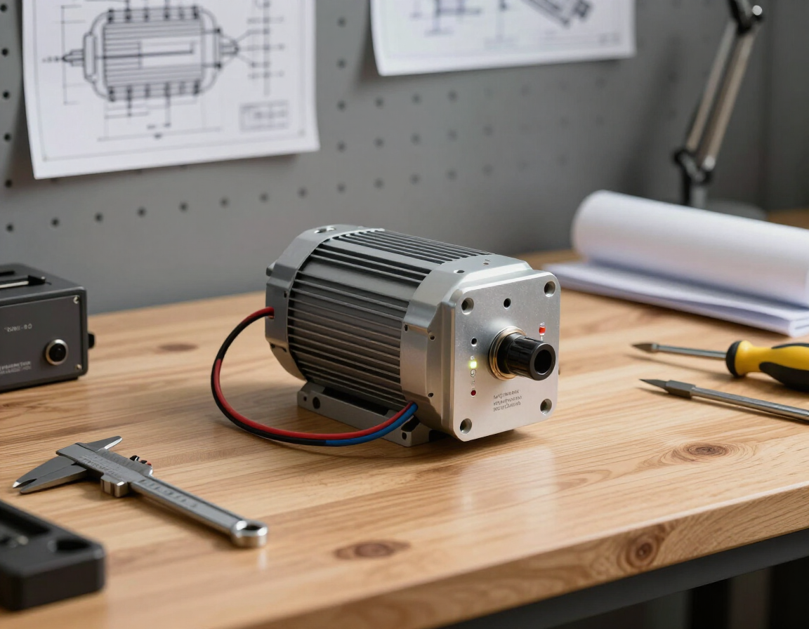 Motor eléctrico sobre un banco de trabajo de madera con calibradores y bocetos en un taller.