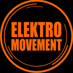 Logotipo circular negro con anillo naranja y el texto “ELEKTRO MOVEMENT” en letras naranjas en negrita.