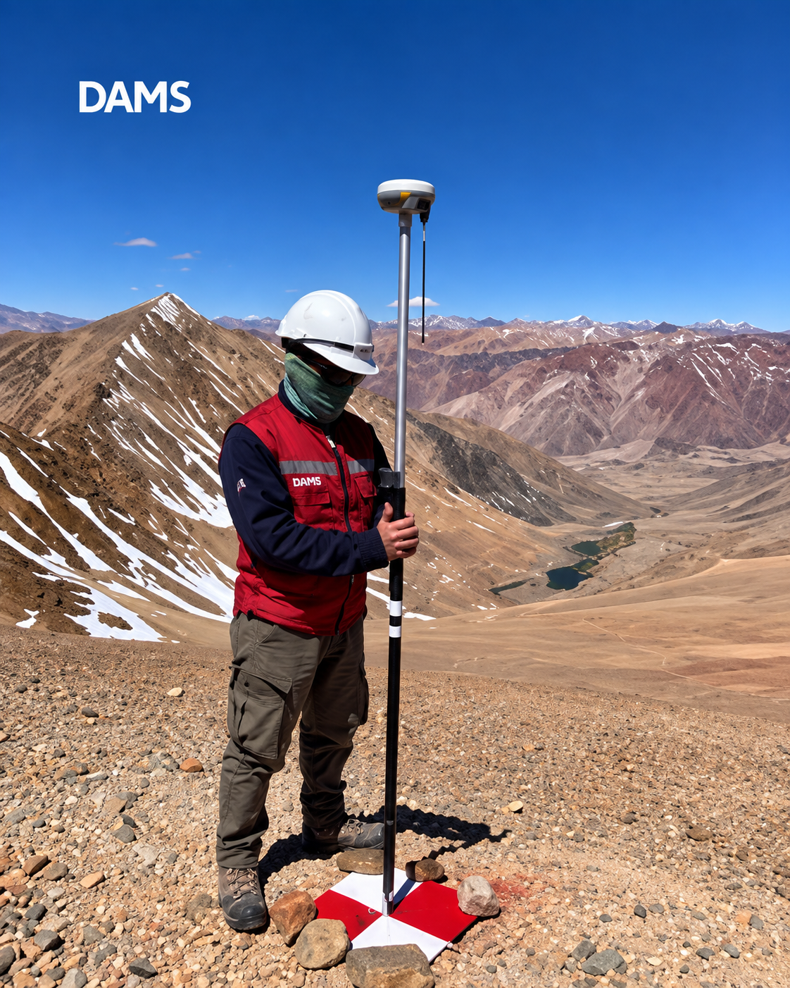 Topógrafo con casco sosteniendo un receptor GNSS en una cresta montañosa con manchas de nieve y picos escarpados.