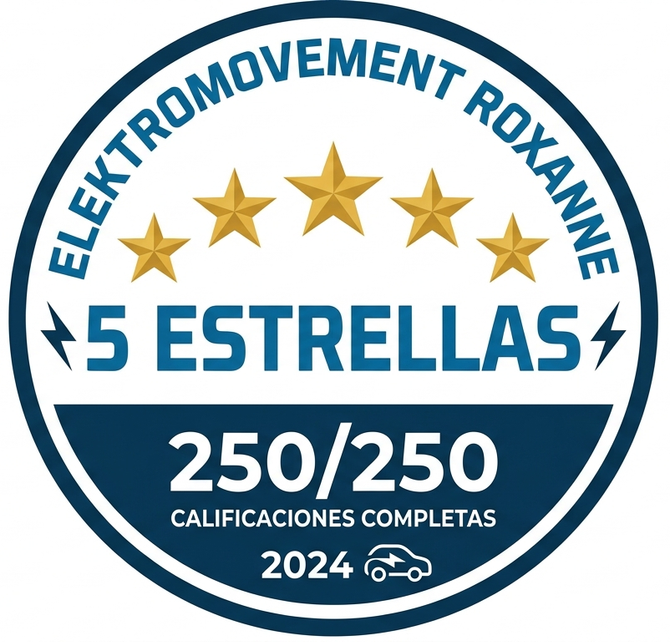 Selo azul e branco “5 Estrellas”, “250/250 calificaciones completas”, “Electromovement Roxanne”, 2024.