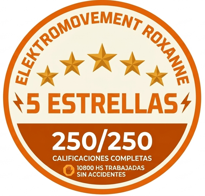 Insignia naranja de seguridad con cinco estrellas, “5 ESTRELLAS”, “250/250” y “10800 Hs trabajadas sin accidentes”.