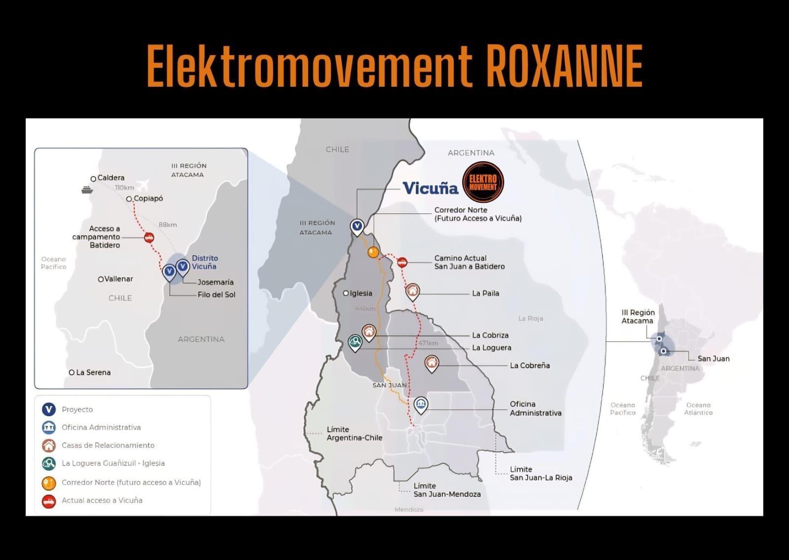 Mapa de las rutas y ubicaciones de Elektromovement Roxanne en un paisaje gris claro con marcadores de colores.