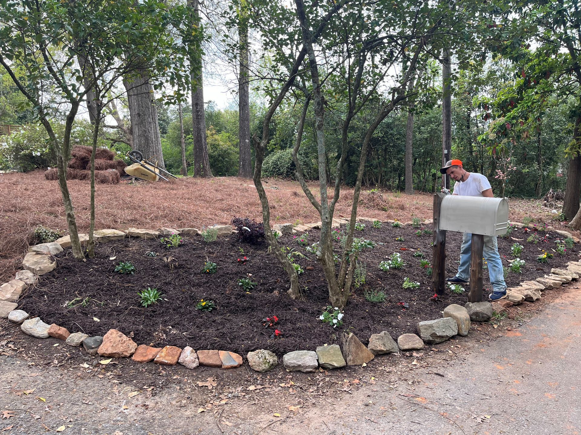 Person tending a landscaped garden bed with rocks and trees beside a paved path