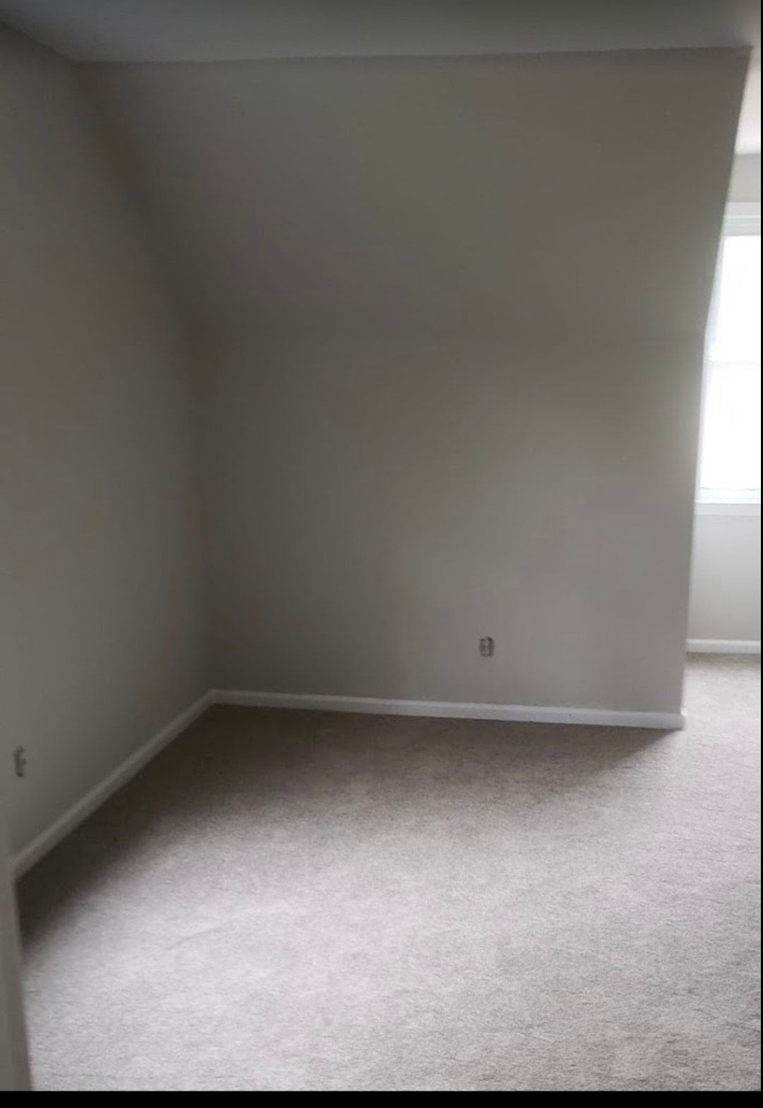 Empty carpeted room with light gray walls and a window on the right.