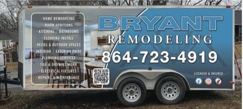 Bryant Remodeling trailer with blue logo, phone number 864-723-4919, and service list on the side
