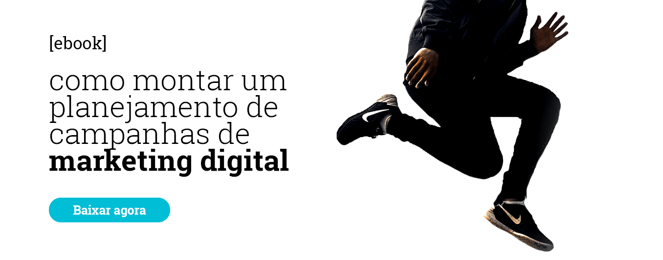 A man is jumping in the air with the words como montar um planejado de campanhas de marketing digital