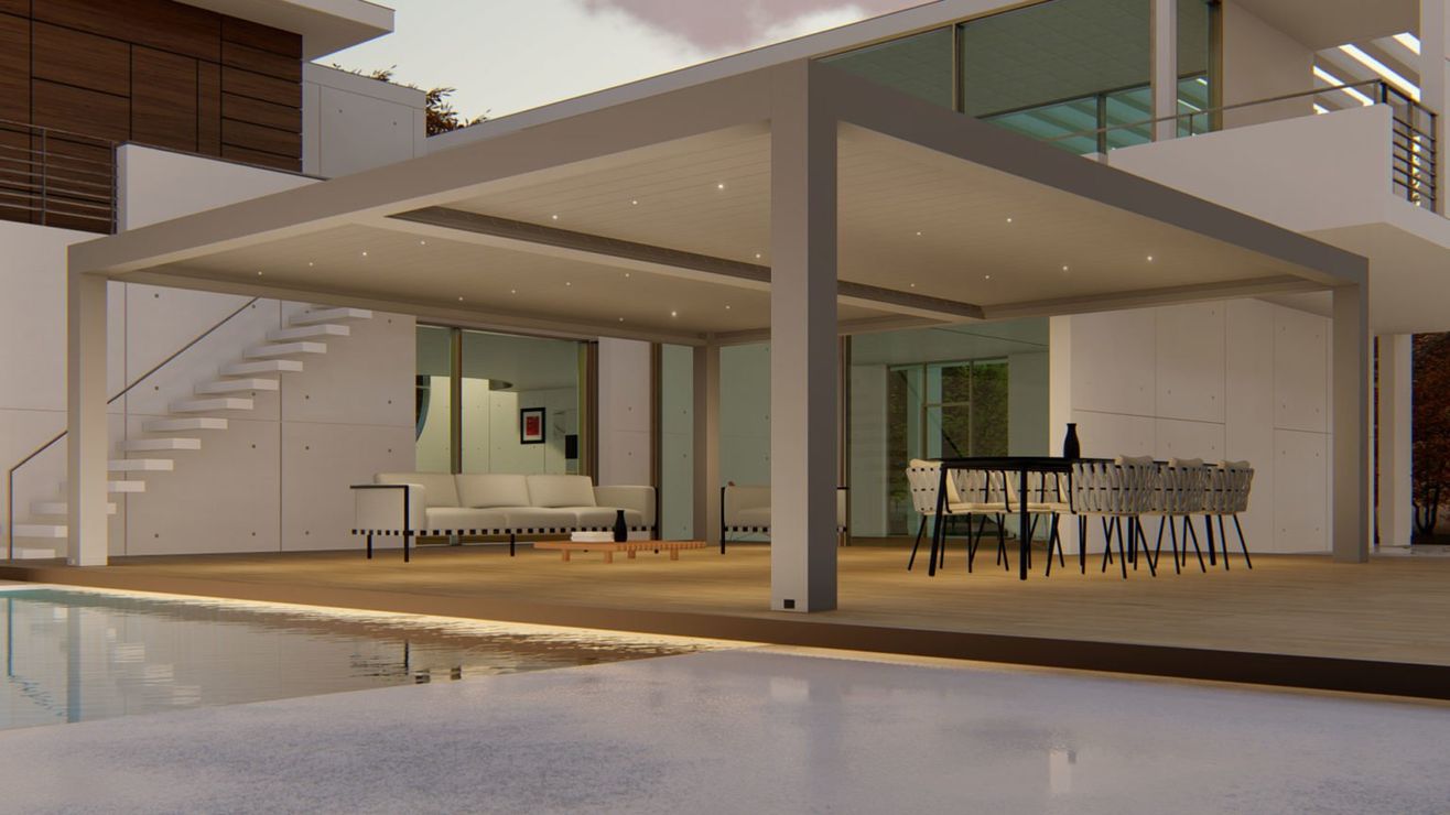 Patio moderno con tettoia bianca, scala in vetro e set da pranzo all'aperto accanto a una casa elegante.