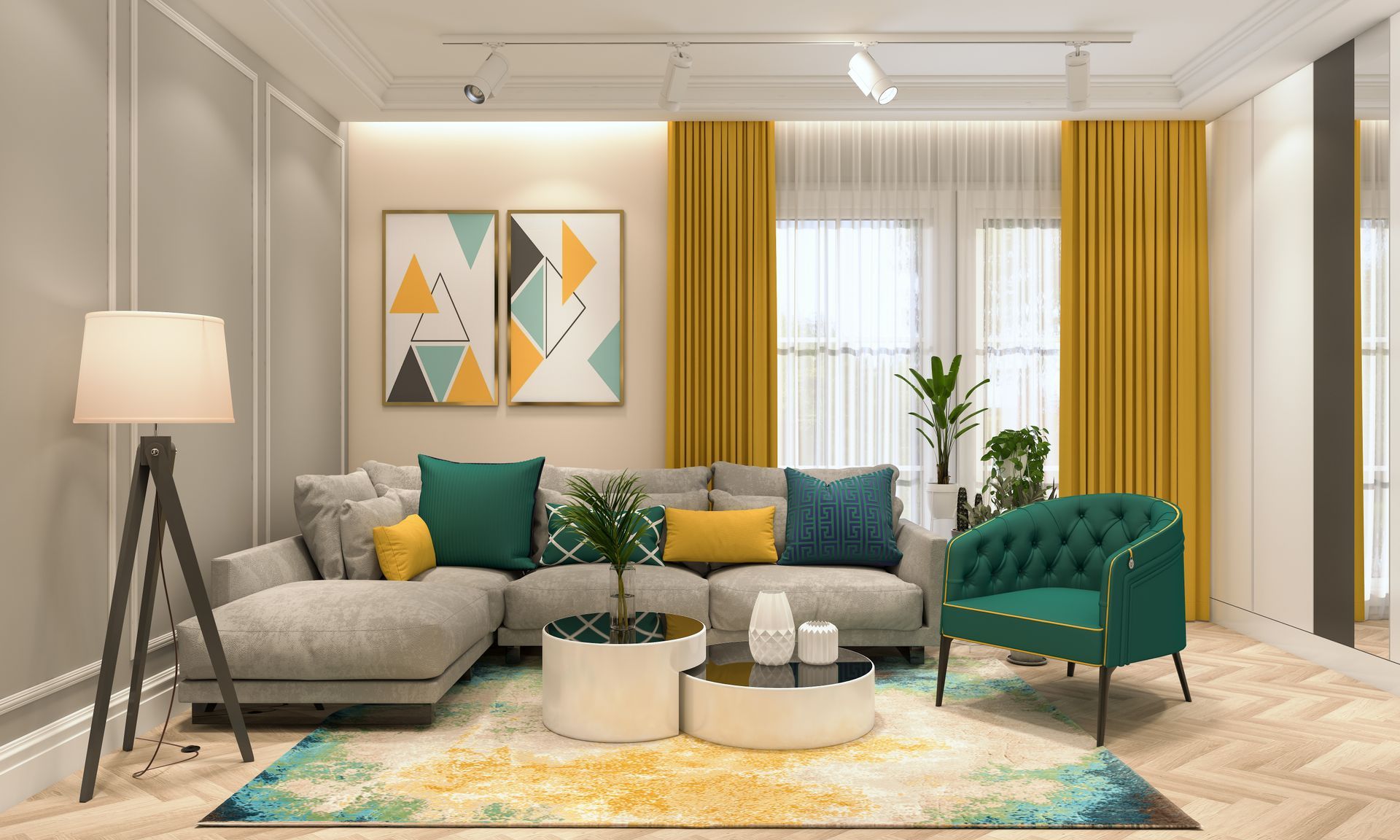 Soggiorno moderno con divano grigio, poltrona verde, tende gialle, opere d'arte astratte e tappeto a motivi geometrici.