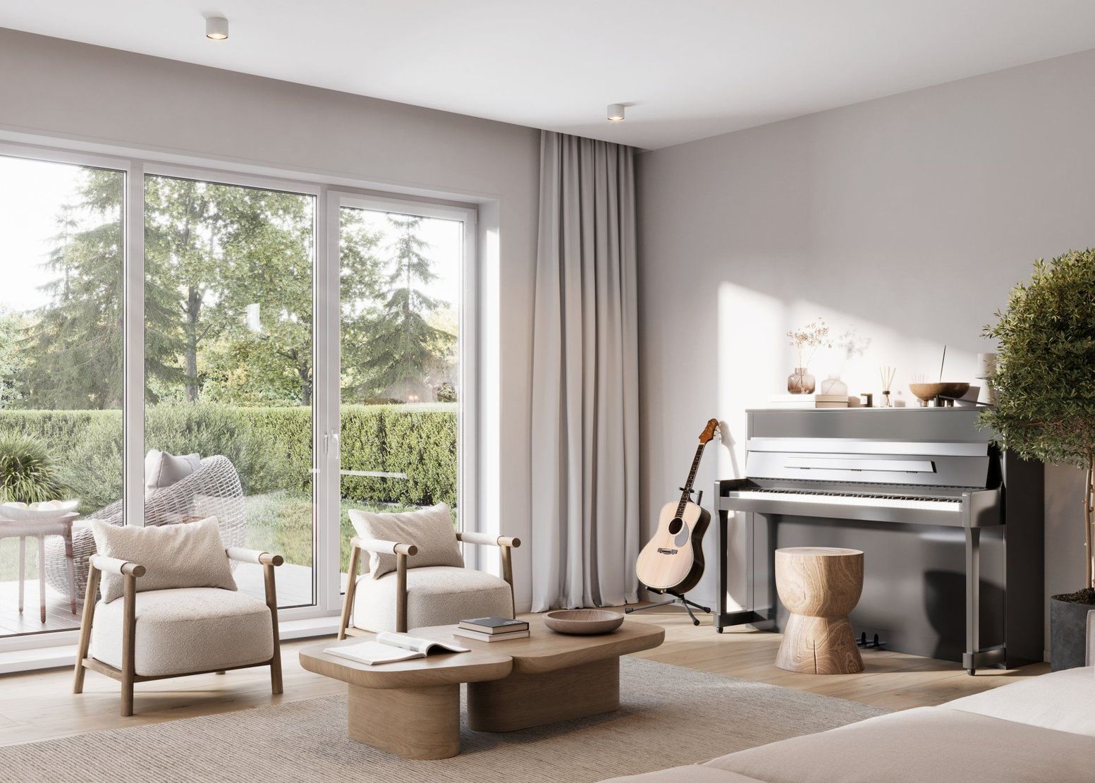 Luminoso soggiorno con pianoforte, chitarra, divani beige e ampie finestre che si affacciano su un giardino.