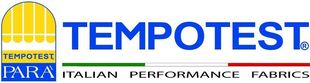 Logo TEMPOTEST con emblema giallo e blu e slogan “Italian Performance Fabrics”