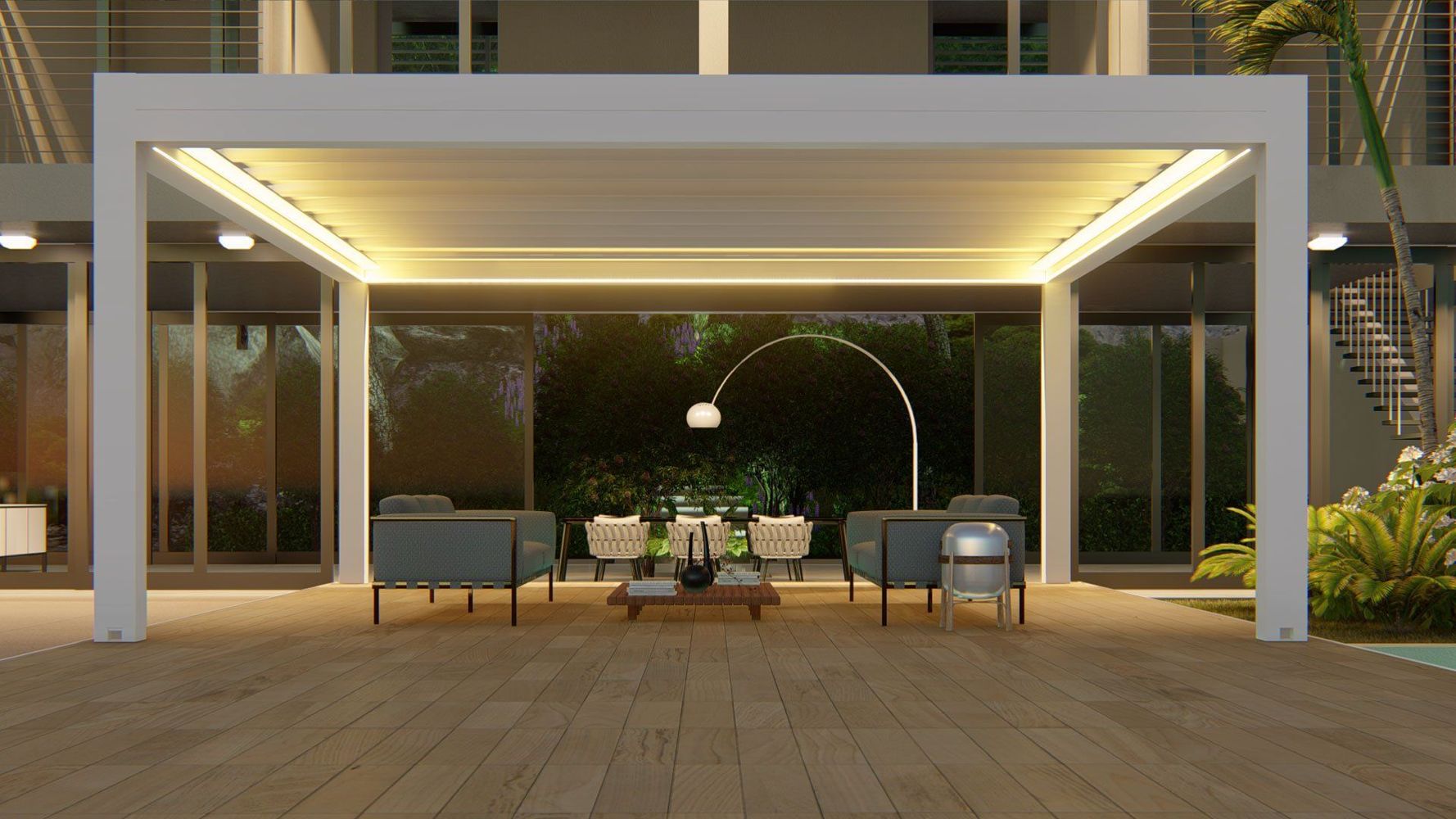 Moderno patio esterno con pergola illuminata, sedie a sdraio e tavolo da pranzo serale