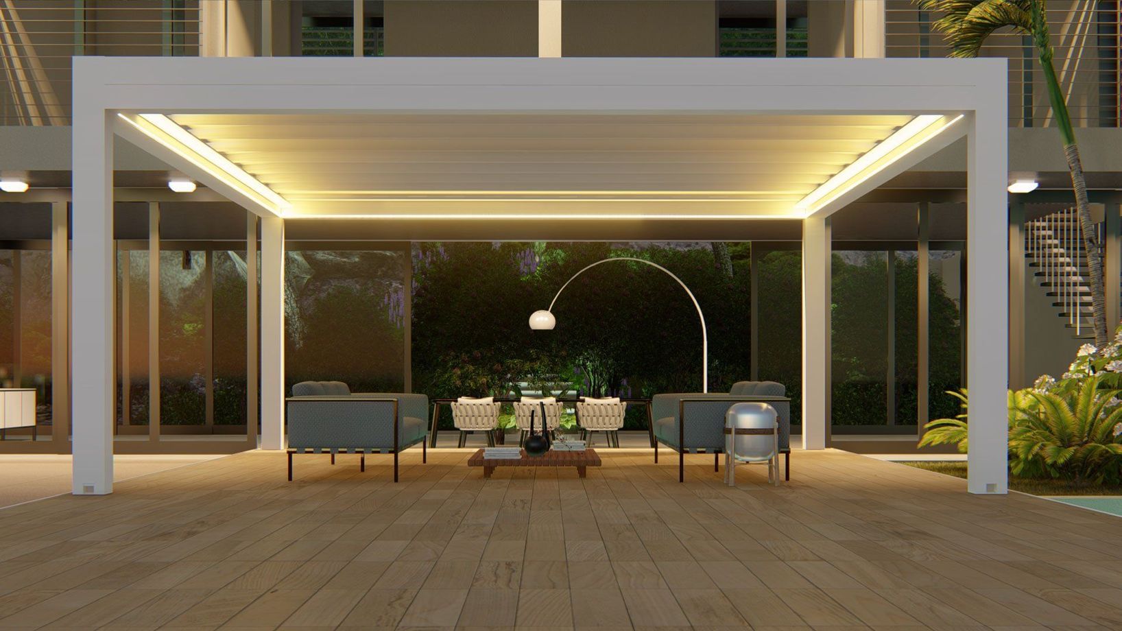 Moderno patio esterno con pergola illuminata, sedie a sdraio e tavolo da pranzo serale