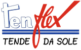 Logo Tenflex con testo stilizzato blu e rosso e slogan “Tende da sole”