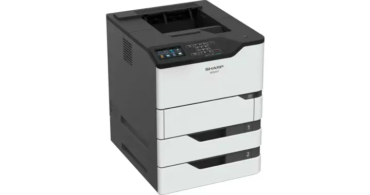 Laser printer with three paper trays, white and black.