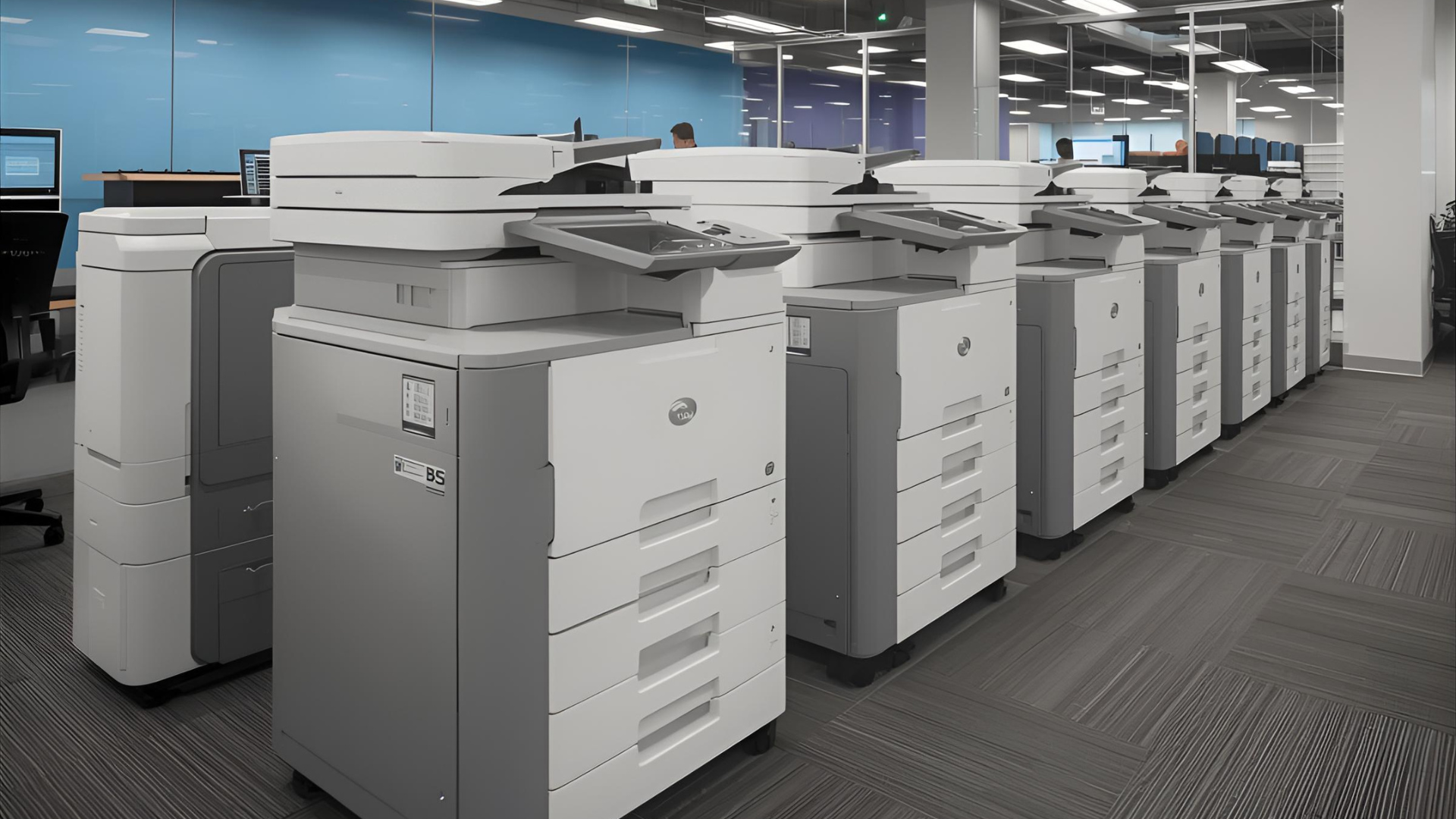 Row of office printers in a modern office setting.