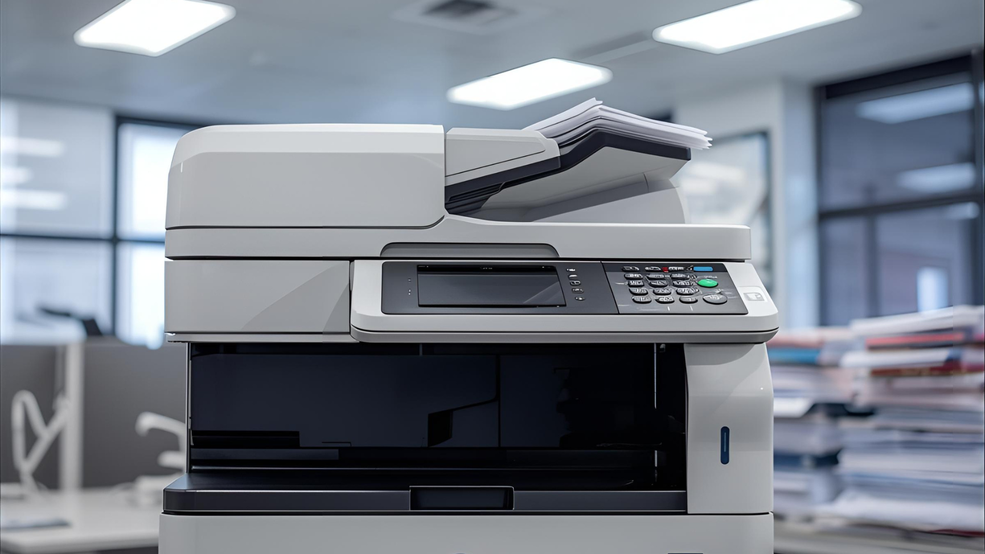 Office printer with paper tray, buttons, and display in a workspace.
