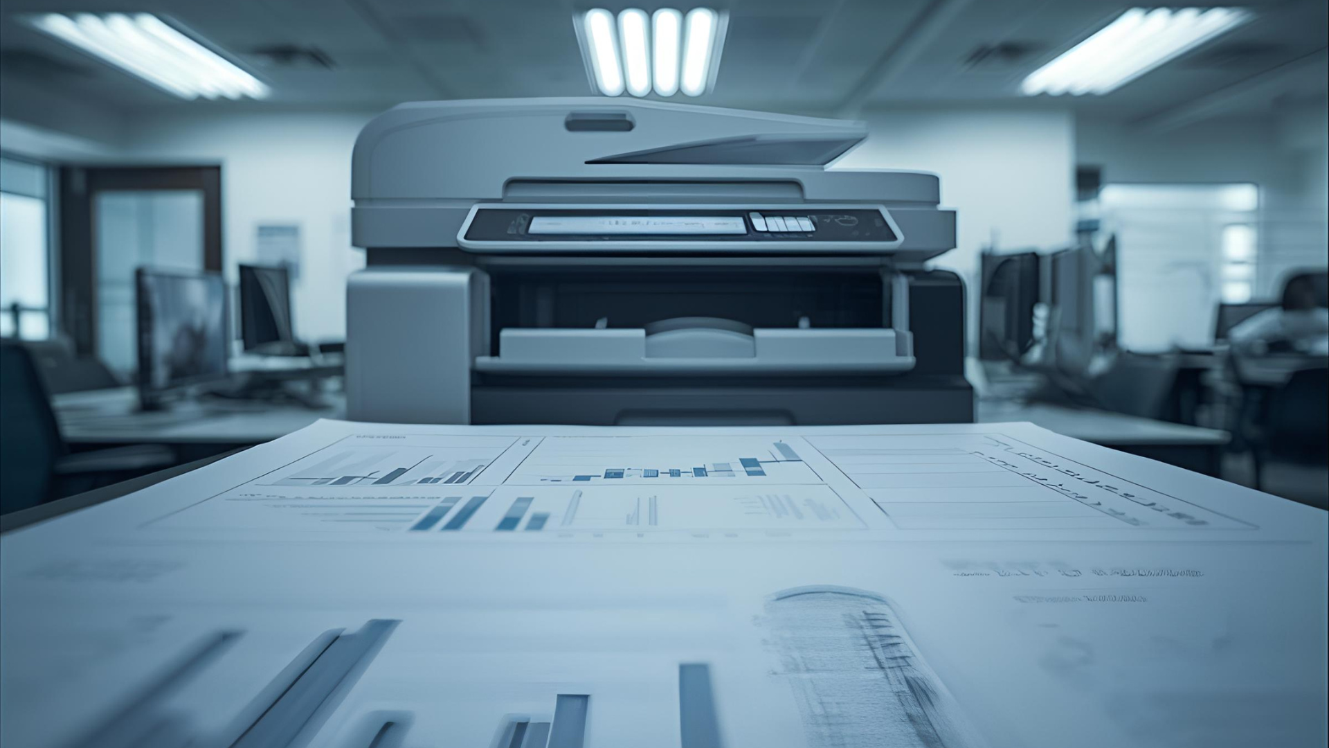 Printer on a desk in an office, with printed documents in foreground and computers in background.
