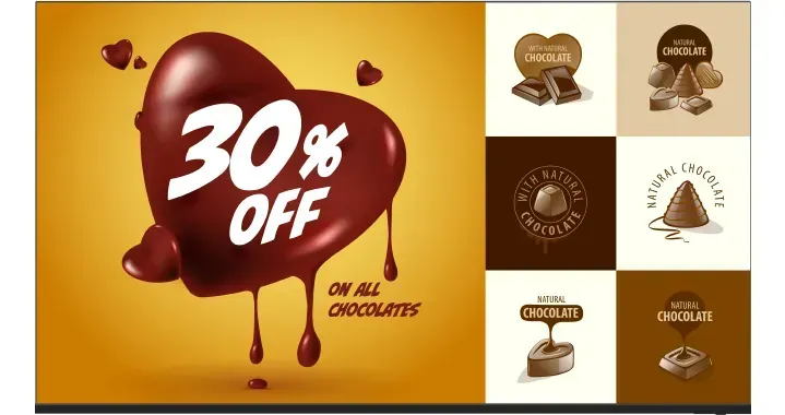 Heart-shaped chocolate with 30% off, on an orange background. Includes chocolate icons and text 