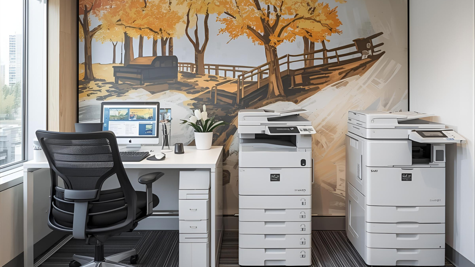 Office with computer, chair, two printers, and mural of trees.