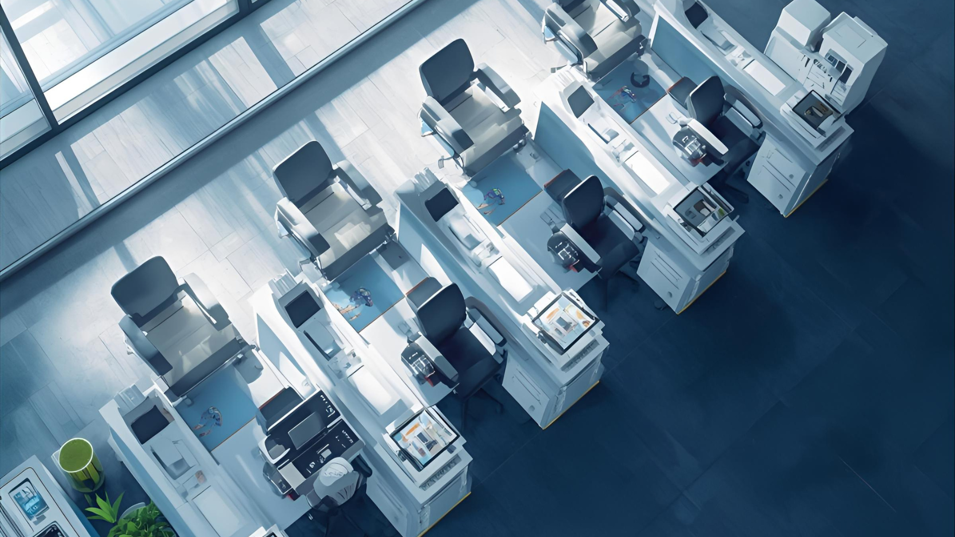 Overhead view of empty office desks with chairs, bathed in natural light.