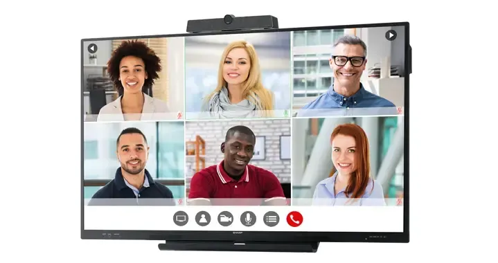 Video conference on a large display: six people on screen, with a camera and audio bar above.