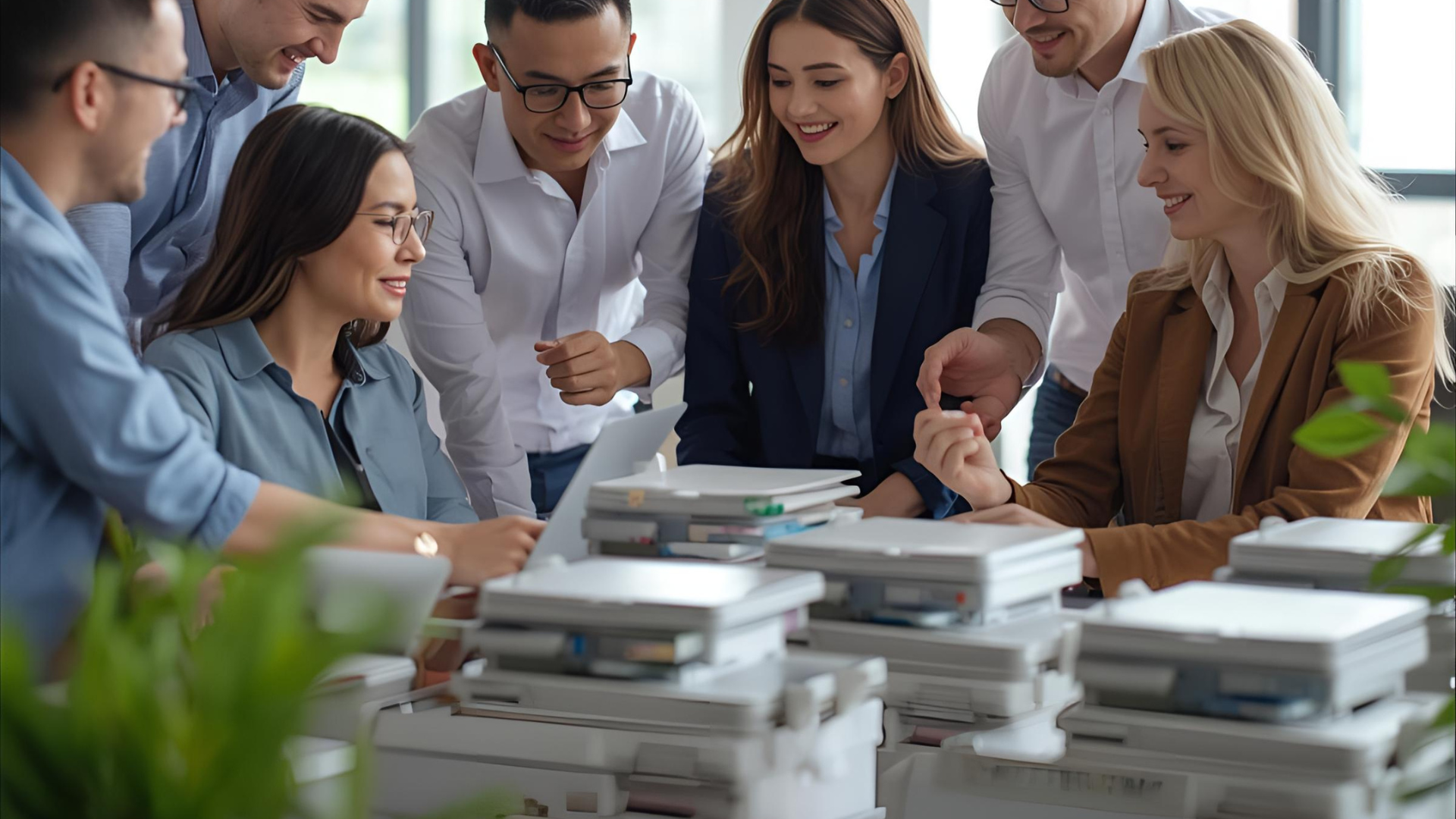 Group of people collaborating around a table with printers, smiling and pointing at a laptop screen in an office.