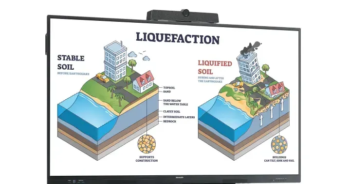 Diagram comparing stable and liquefied soil, with buildings and text labels.