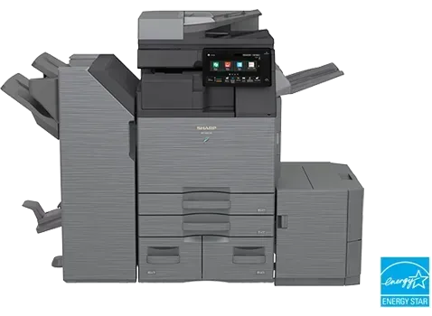 Gray Sharp multifunction printer with touchscreen interface.