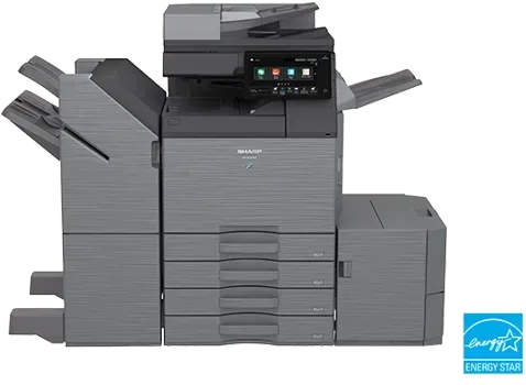 Gray and black Sharp multifunction printer with paper trays and a touch screen interface, Energy Star certified.