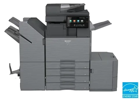 A large, gray Sharp multifunction printer with paper trays, control panel, and Energy Star logo.