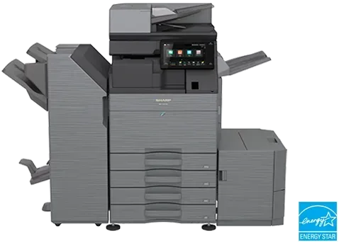 Gray Sharp multifunction printer with touch screen and paper trays.