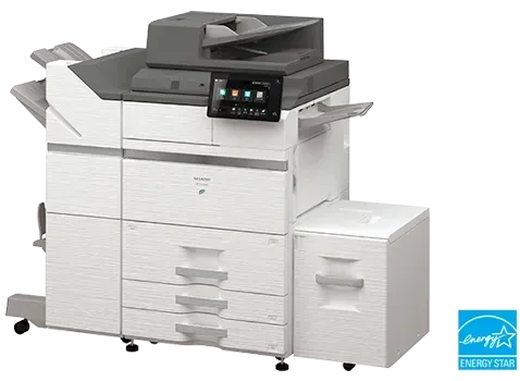 Gray Sharp multifunction printer with touch screen and paper trays.