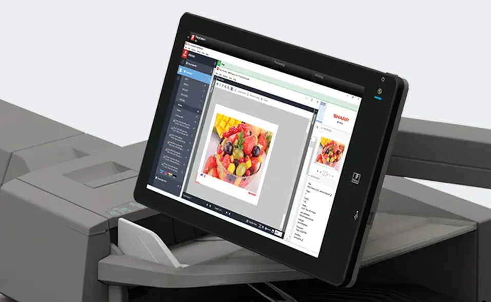 Large touchscreen on a printer displaying a color image of a fruit salad.
