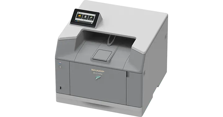 A light and dark gray Sharp printer with a control panel, on a white background.