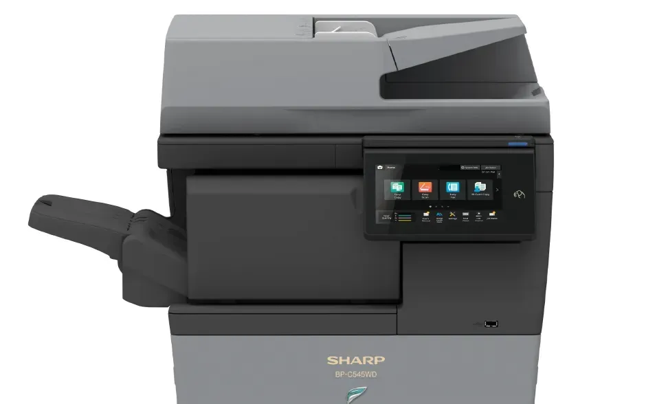 A gray and black Sharp MX-C304W color laser printer with touchscreen control panel.