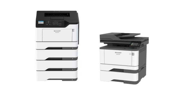 Two white and black Sharp multifunction printers, one taller with additional paper trays.