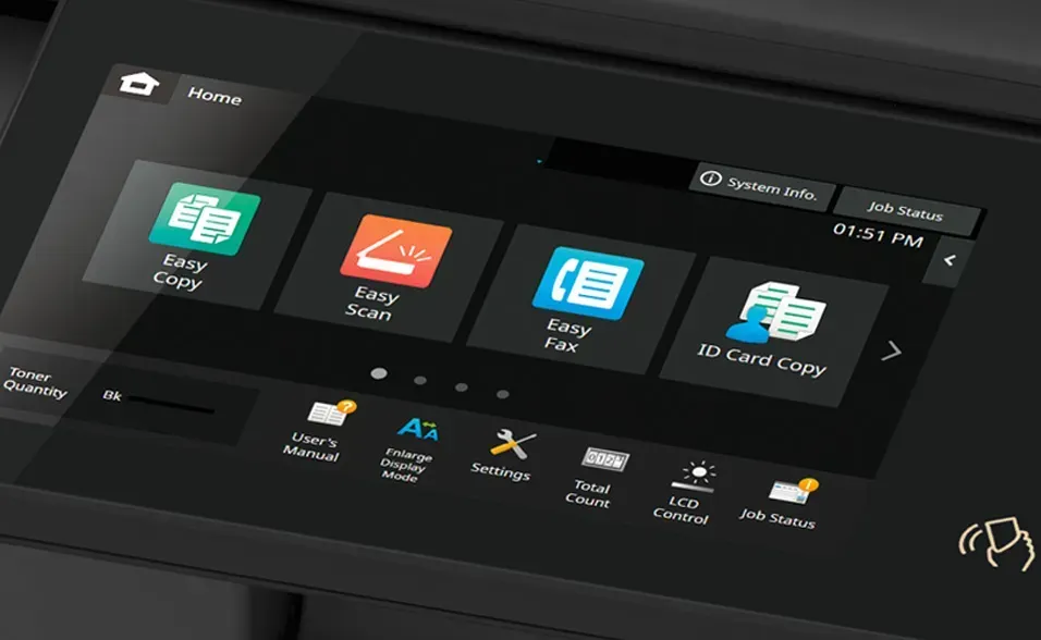 Touchscreen interface of a printer/copier, displaying copy, scan, fax, and SD card copy options.