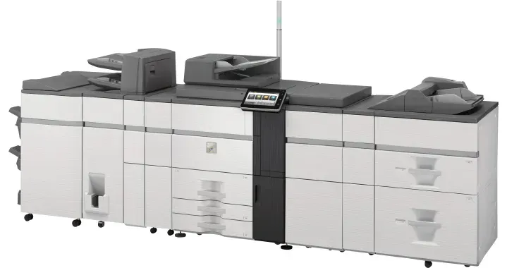 Gray Sharp multifunction printer with touch screen and paper trays.
