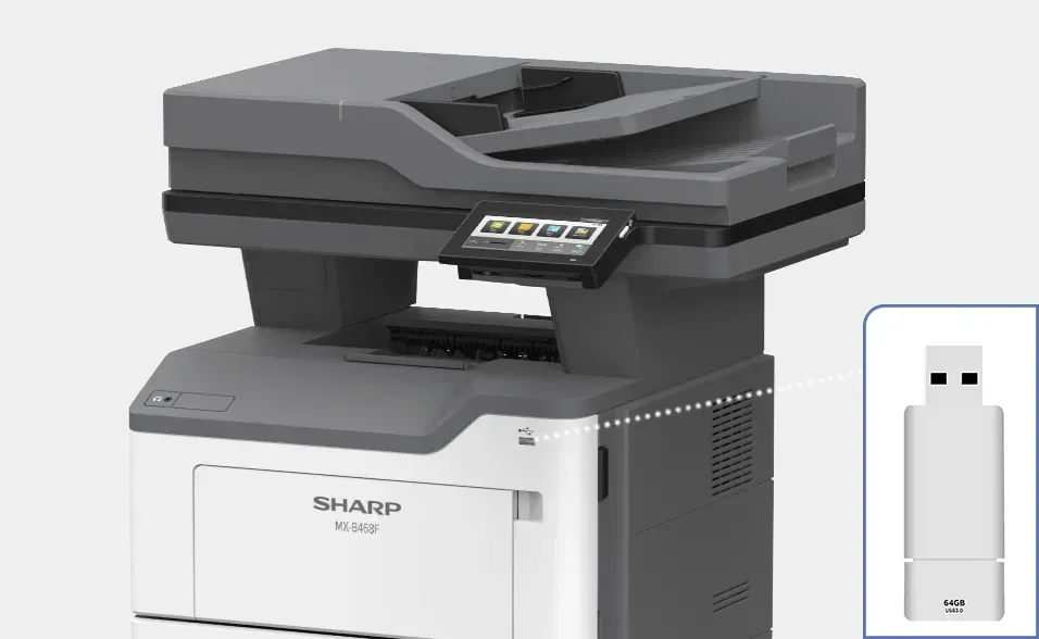 Multifunction printer with a USB stick; gray and white; touchscreen display.